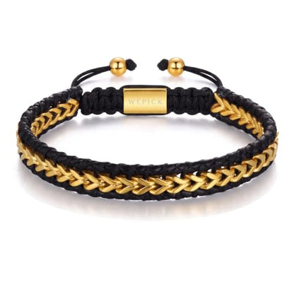 Mens Bracelet Leather 18K Gold Plated Braided Cuff Adjustable - color: Gold and Black, size: 6.5-8 in for Wrist