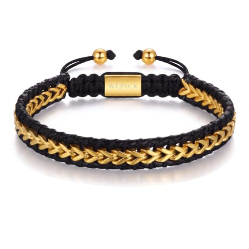 Mens Bracelet Leather 18K Gold Plated Braided Cuff Adjustable - color: Gold and Black, size: 6.5-8 in for Wrist