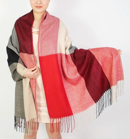 Wander Agio Women's Fashion Long Shawl Big Grid Winter Warm Lattice Large Scarf - color: Black Camel Red 15