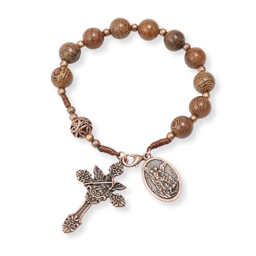 Nazareth Store Wood Beads One Decade Rosary Handmade Pocket Car Mirror with Saint Medal and Jesus Cross in Antique Bronze Wooden Travel Friendly Rosary - style: St. michael medal & cross