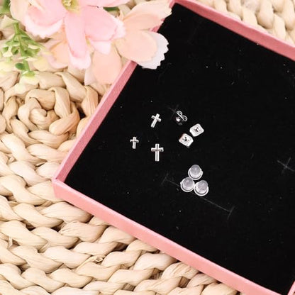 3pcs Cross Stud Earrings, 3 Size Flat Back Cross Stud Cartilage Piercing Jewelry for Women Men - color: Silver