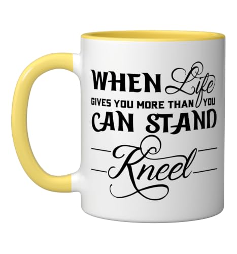 When Life Gives You More Than You Can Stand Kneel God Jesus Ceramic Mug, Yellow/White, 11oz - color: Yellow/White, size: 11 Ounces