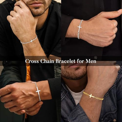 M MOOHAM Cross Bracelet for Men, Silver/14K Gold Plated Mens Bracelet - color: Silver Plated Figaro Chain-8.3Inch