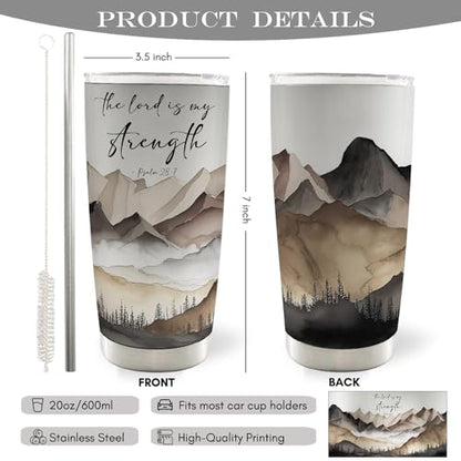 Christian 20oz Travel Coffee Mug Tumbler, Christian Gifts for Women Men, the Lord Is My Strength Bible Verse Mountain Landscape Stainless Steel Tumbler with Lid and Straw - color: strength