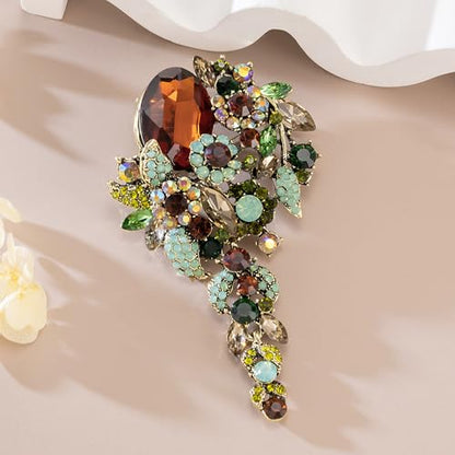 SELOVO Large Long Flower Brooch Pin for Women Wedding Party Brooch Pendant - color: Brown&Green