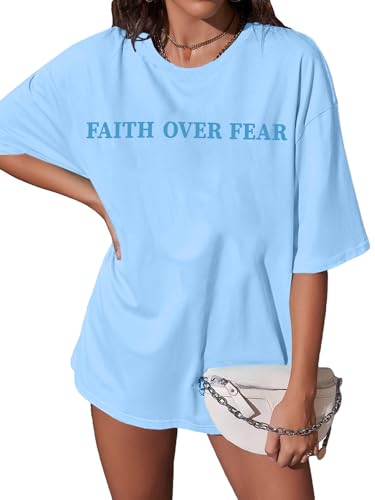 BANGELY Faith Over Fear Shirt Women Graphic Shirts Oversized Workout Gym Christian Religious Tees Drop Shoulder Tee Tops - color: Little-blue, size: Small