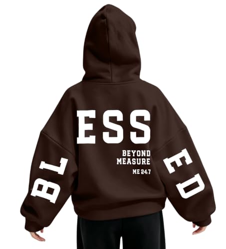 Christian Hoodies Women Blessed Sweatshirts Jesus Religious Sayings Sweater - color: Brown, size: XX-Large