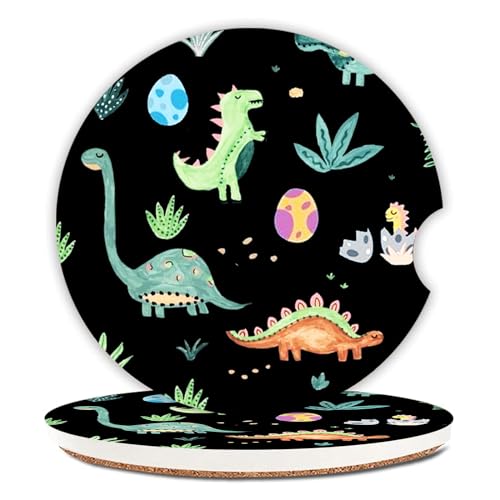 Cute Dinosaur Graffiti Ceramic Cup Holders - Pack of 2, Keep Cup Holders Clean and Dry, Drink Cup Car Holder Coasters with A Finger Notch - color: Dinosaur Graffiti