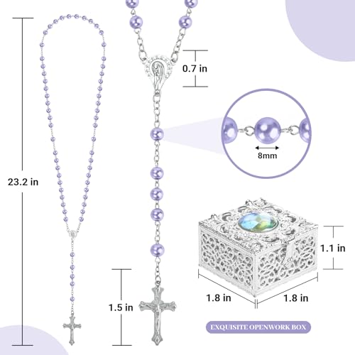 Purple Pearl-Style Rosary Necklace with Metal Gift Box, 8mm, 22 Inch - color: Purple