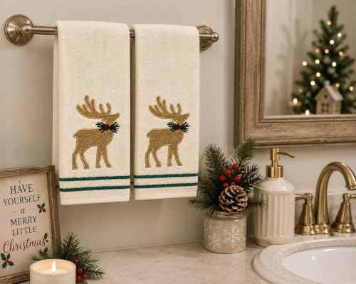 Christmas White Guest Hand Bathroom Towels Elegant Winter Reindeer, 16x26" - color: Burlap Deer