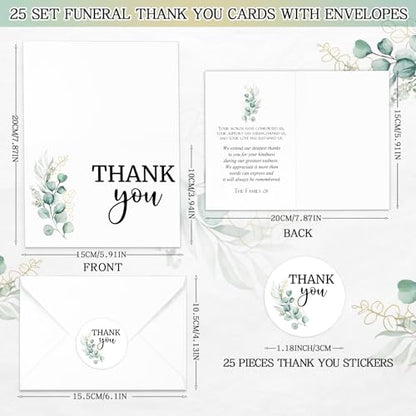 Marspark 25 Pack Funeral Thank You Cards Sympathy Envelopes, Greenery - style: Greenery