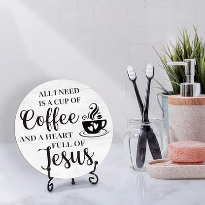 Coffee Bar Sign, Round Wood Plaque, 6 Inches, Black, Rustic, Religious, Tabletop, Wood - color: White