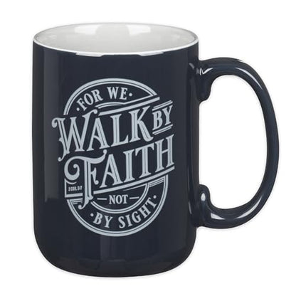 Christian Art Gifts Walk by Faith Scripture Coffee Mug, Inspirational Bible Verse Ceramic Mug, Navy Blue & White, 14 oz, Lead & Cadmium-Free, Christian Gift Drinkware for Men & Women - color: Navy Blue/Walk by Faith