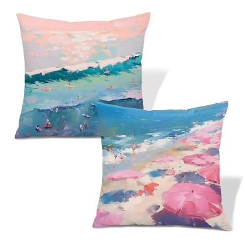 Summer Coastal Beach Throw Pillow Covers 18x18, Pastel Preppy Nautical Ocean Beachy Decorative Pillow Covers for Home Bedroom Living Room Beach House, Set of 2 - color: Colour -H