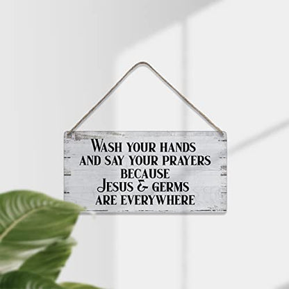 MIGUMUTU Wash Your Hands and Say Your Prayers Because Jesus & Germs Are Everywhere Sayings Home Wall Decor Wooden Signs Rustic Farmhouse Hanging Wall Plaque Sign Bathroom Gift - color: Wash hands