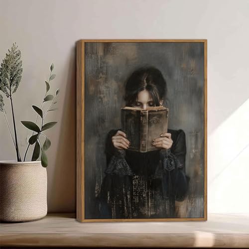 Dark Academia Lady Reading Framed Canvas Wall Art 12x16 inch - color: Black dress, size: 12"x16" Natural