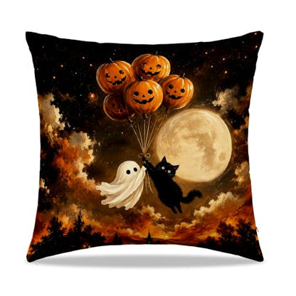 Dibor Halloween Ghost Black Cat Pumpkin Throw Pillow Covers 18x18 Inch - color: Fall4