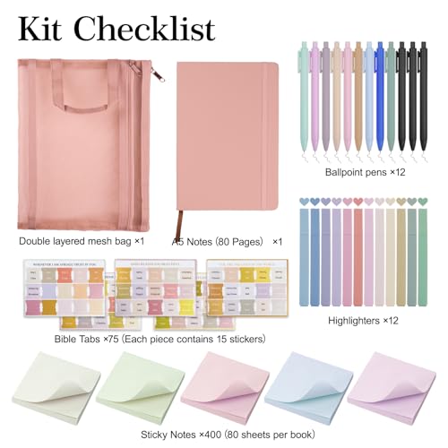 Bible Study Supplies,Bible Journaling Kit,Bible Study Kit with Journal,12 No Bleed Highlighters,12 Gel Pens,75 Tabs, 400 Sticky Notes,Christian Gifts for Women Men (Pink) - color: Pink