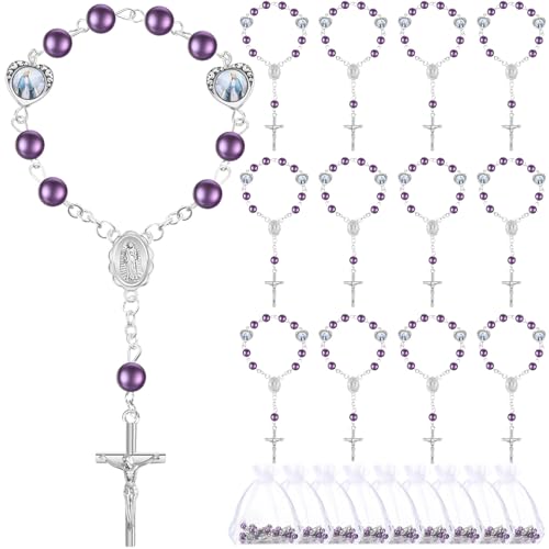 Misdary 30 Sets Baptism Mini Rosary with Organza Bags Faux Pearls Baptism Rosary Favors for Guests Catholic Finger for Christening Weddings Party Favors First Communion Gift(Purple) - color: Purple