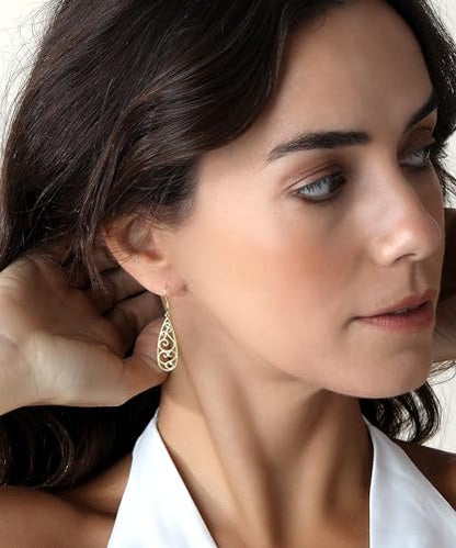 BoRuo Filigree Teardrop Sterling Silver Earrings for Women - color: Yellow Gold