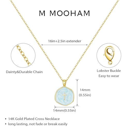M MOOHAM Enamel Mini Cross Necklace for Women Girl, 14K Gold Plated Jewelry - color: blue cross-cable chain