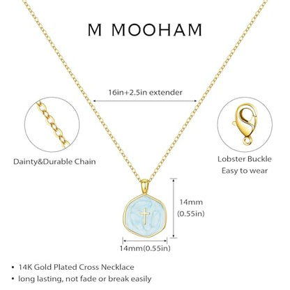 M MOOHAM Enamel Mini Cross Necklace for Women Girl, 14K Gold Plated Jewelry - color: blue cross-cable chain
