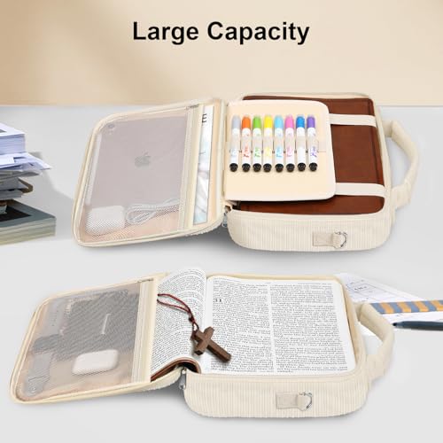 FINPAC Bible Cover with Shoulder Strap, Church Book Carrying Bible Case Bag - color: Corduroy Beige
