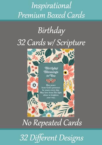 Birthday Cards ~ No Repeated Designs~ 32 Cards and Designs ~ Christian/Religious Greeting Card Assortment #1 ~ Scripture in every card ~ Envelopes Included