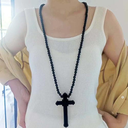 Wooden Cross Necklace For Men Beads Rosary Long Large Natural Wood Jesus Crucifix Cross Pendant Necklace 36inch Chain Religious Christian Prayer Faith Baptism Easter Handmade Jewelry - color: Black
