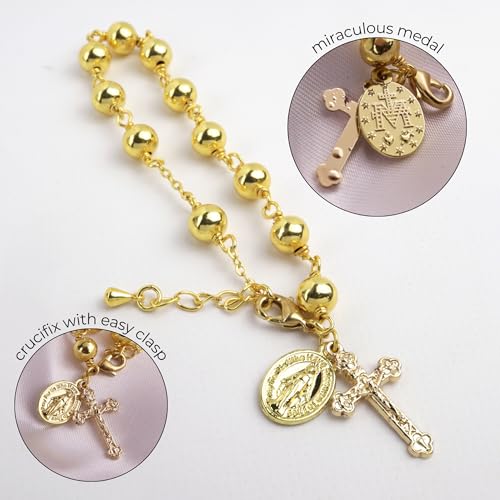 Needzo Gold Tone First Communion Rosary Bracelet, Beaded Chain with Cross and Miraculous Medal Charms, Catholic Religious Gift Keepsake for Eucharist or RCIA