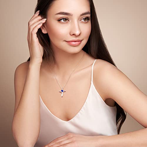 Cross Necklace for Women 925 Sterling Silver Birthstone Necklace for Women - color: 09-Sep-Sapphire
