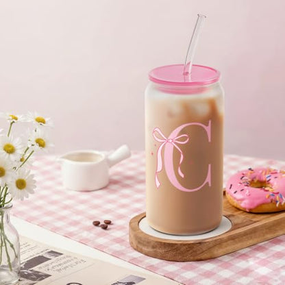 SANDJEST Monogrammed Glass Drinking Can Cup with Acrylic Lid and Straw, Personalized Frosted Iced Coffee Tumbler 16oz, Monogram Initial Gifts for Women Girls on Birthday (C) - color: C