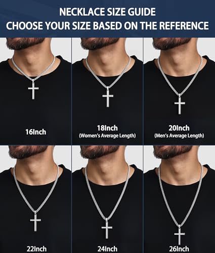 Jewlpire 925 Sterling Silver Cross Necklace for Men, 18k Gold Plated Sterling Silver Cross Necklace with 4mm Stainless Steel Cuban Link Chain for Men, Mens Necklace 16 18 20 22 24 26 Inch - color: Silver Cross Pendant