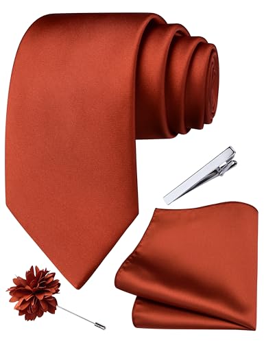 Branduce 3.15"（8cm） Mens Tie and Lapel Pin Solid Necktie Handkerchief Tie Clip Set for Men - color: Burnt Orange