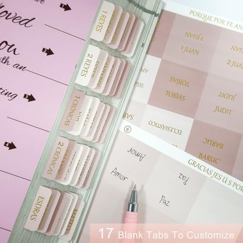 Vorscrin-Laminated Bible Tabs for Women and Men, Gold Foil Lettering Design, Reposition and Large Print Stickers, Bible Study Supplies, 90 Chapters Labels for Easy Navigation(Spanish Light Pink) - color: Spanish Light Pink