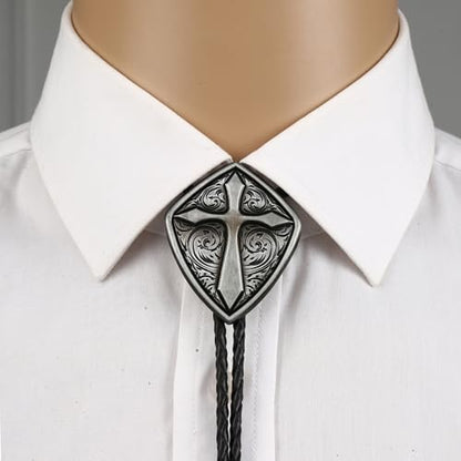 Western Cowboy Bolo tie for Men Women Gold Silver Death Skull Moth Cross Bolo Tie Christmas Deer Rooster Wolf Necktie Gift - color: 8# Silver Cross Shield