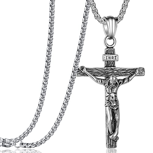 Jesus Christ on INRI Crucifix Cross Pendant Necklace for Teens Women Men - color: Silver