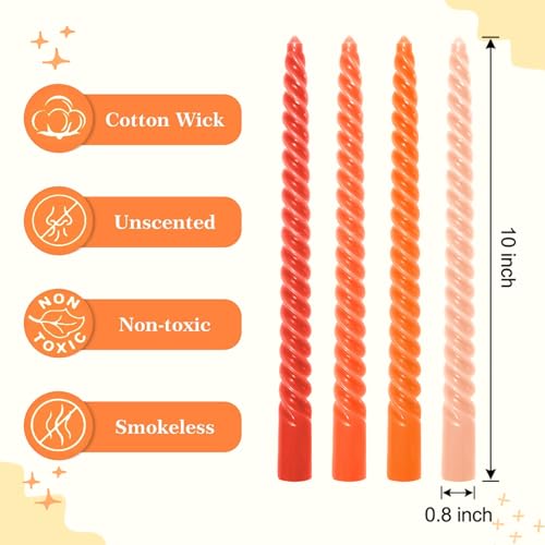 Whaline 8Pcs 10 Inch Fall Orange Spiral Taper Candles Gradient Color Dripless Twisted Wax Candles Long Unscented Candle Sticks for Autumn Thanksgiving Halloween Home Party Supplies - color: Fall