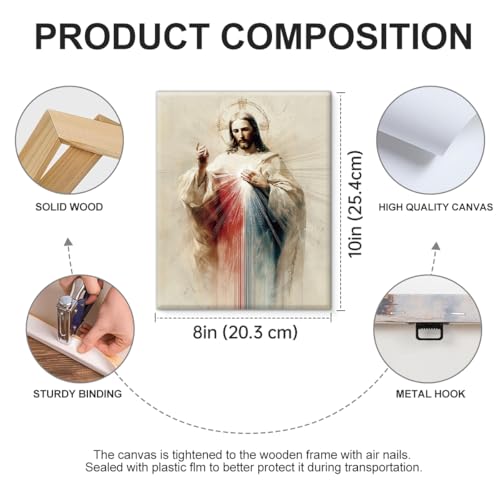 Christian Jesus Sacred Heart Wall Art Print - Divine Mercy of Jesus Canvas Picture Painting Religious Wall Decor for Home Prayer Room 8x10 Framed - color: color-U