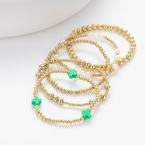 Gold Beaded Pearl Cross Bracelets Stackable Christian Stretch Jewelry Set - color: Green