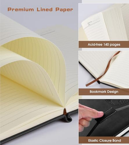 Biuwory A5 Leather Journal Notebook, 140 Lined Pages, Hardcover 5.7"×8.3" - color: Black, size: Lined-140 Pages (5.7"×8.3")