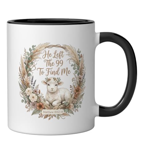 He Left the 99 to Find Me Christian Lamb Bible Verse Matthew Ceramic Mug, Black/White, 11oz - color: Black/White, size: 11 Ounces