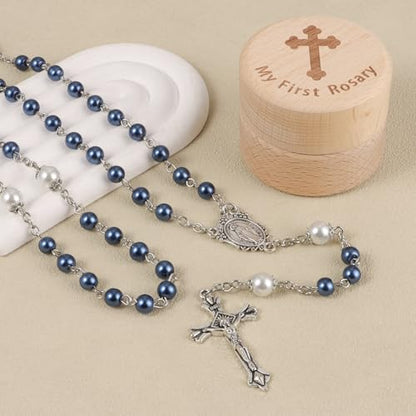 My First Rosary Baptism Gifts Rosary Catholic Keepsake Box for Baby Shower First Communion Christian Beads Gifting Set (Blue)