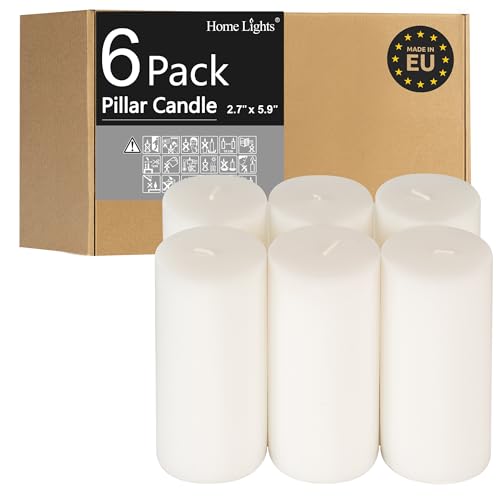 HomeLights Pillar Candles - 2.7x6 inch | 60 Hours Burning, 6 Count - White Unscented Smokeless European Pillar Candles - Perfect for Wedding, Parties, Spas, Home Gatherings and Dinner - size: 27X59P