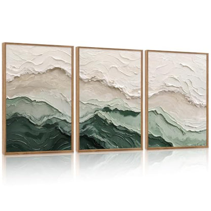 Aurlan 3D Textured Green Abstrcat Ocean Framed Canvas Wall Art 24x36 Inch - color: Green Beige (3D Textured), size: 24"L x 36"W