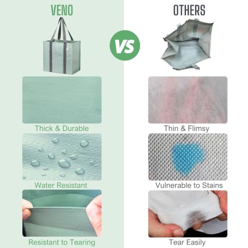VENO 4 Pack Large Grocery Bag Reusable Shopping Bags with Hard Bottom - color: Light Green
