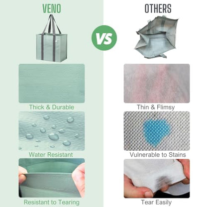 VENO 4 Pack Large Grocery Bag Reusable Shopping Bags with Hard Bottom - color: Light Green