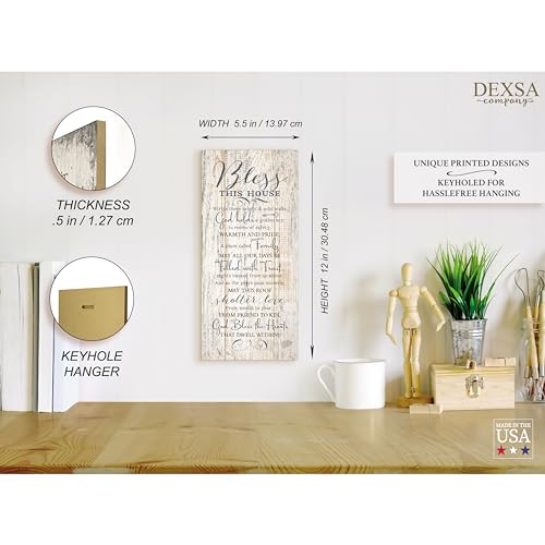 DEXSA Bless This House Wood Plaque - Made in the USA - 5.5x12 - Classy Frame Wall Hanging Decoration | Within these bright & solid walls, God holds a golden key | Christian Religious Home Decor Saying
