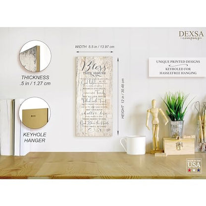 DEXSA Bless This House Wood Plaque - Made in the USA - 5.5x12 - Classy Frame Wall Hanging Decoration | Within these bright & solid walls, God holds a golden key | Christian Religious Home Decor Saying