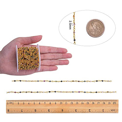 LiQunSweet 32.8 Ft(10 Meters) Natural Tourmaline Gemstone Handmade 2.5mm Beaded Chains with Brass Findings Real Gold Plated Unwelded with Spool Bulk for Men Women Necklace Jewelry Making DIY Crafts - color: Tourmaline 2.5mm